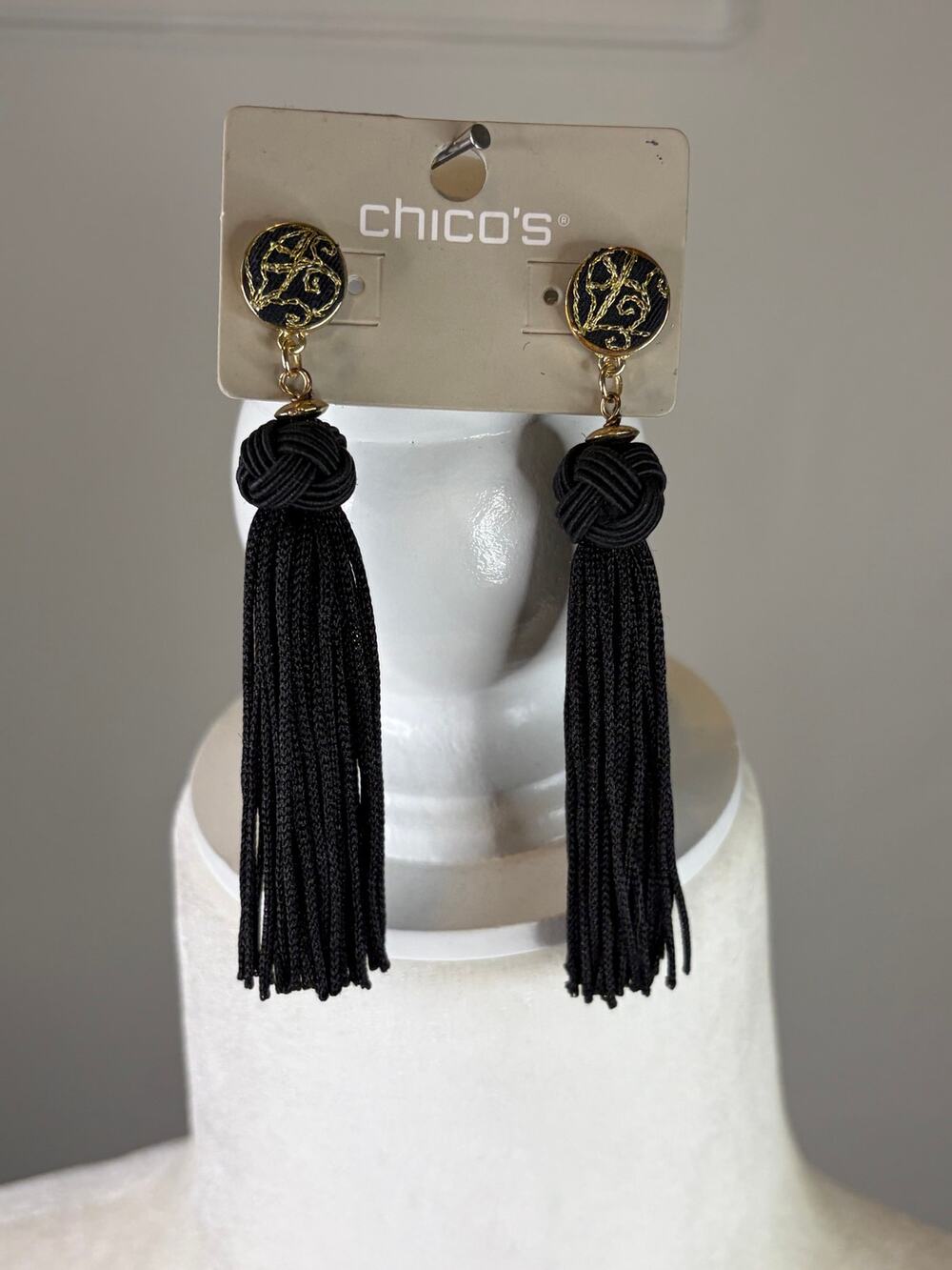 Chico's Oriental Knot Tassel Dangle Earrings NEW Black Gold Tone